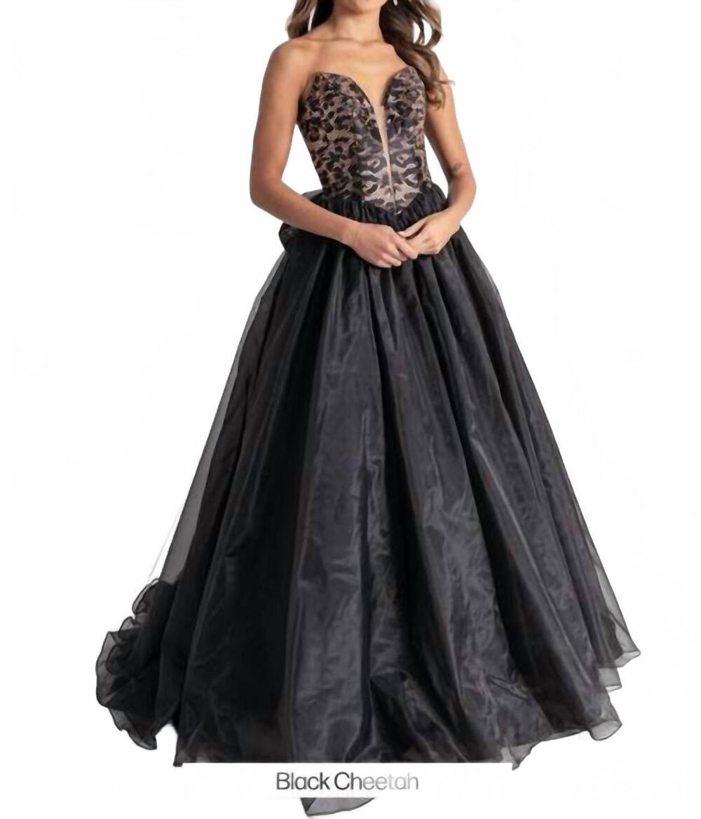 NEW RACHEL ALLAN cheetah print strapless prom gown in black